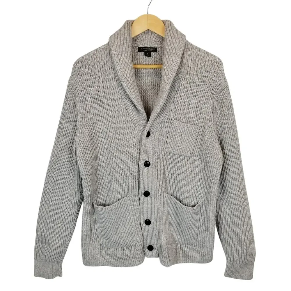 Banana Republic Men's 100% Organic Cotton Grandpa Shawl Cardigan Gray Size Large
